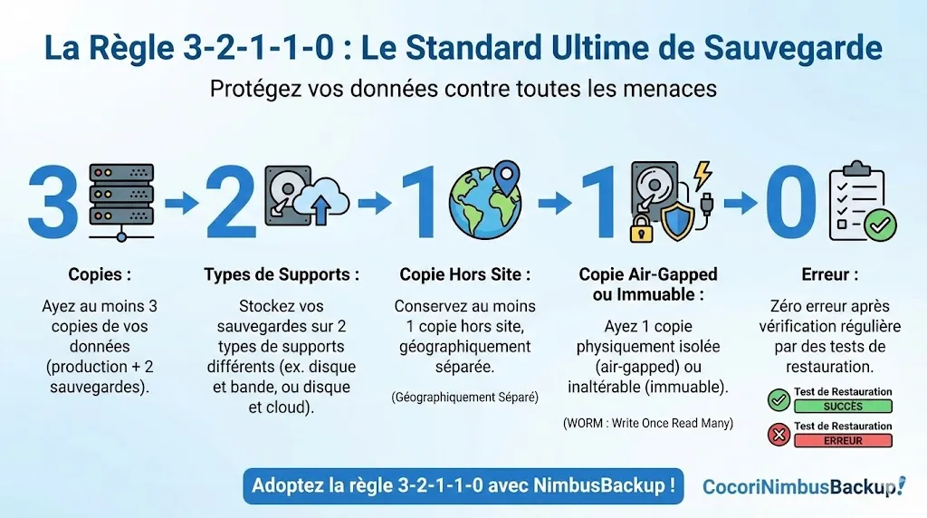 La règle 3-2-1-1-0 : le standard ultime de sauvegarde - 3 copies, 2 types de supports, 1 copie hors site, 1 copie air-gapped ou immuable, 0 erreur de restauration