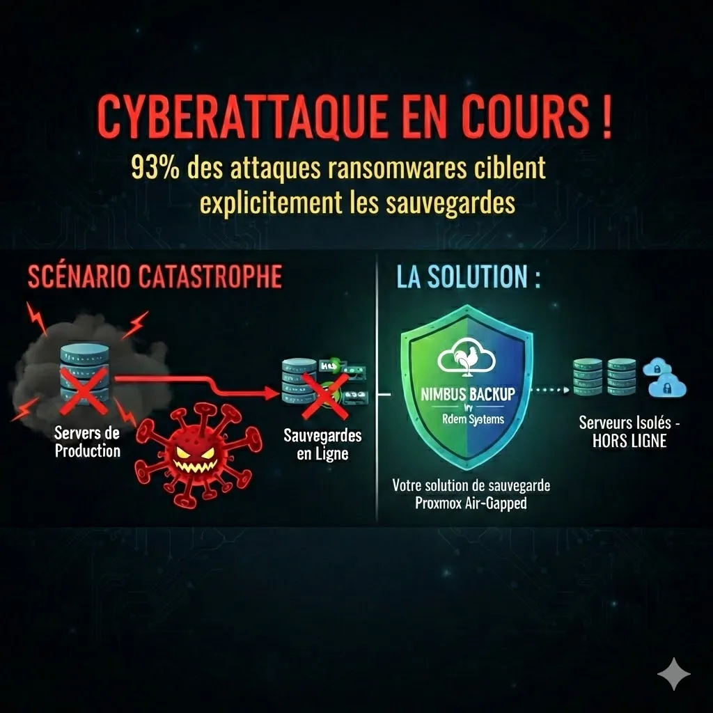 93% des ransomwares ciblent explicitement les sauvegardes - Infographie ransomware vs backup avec Nimbus Backup comme solution externalisée et isolée