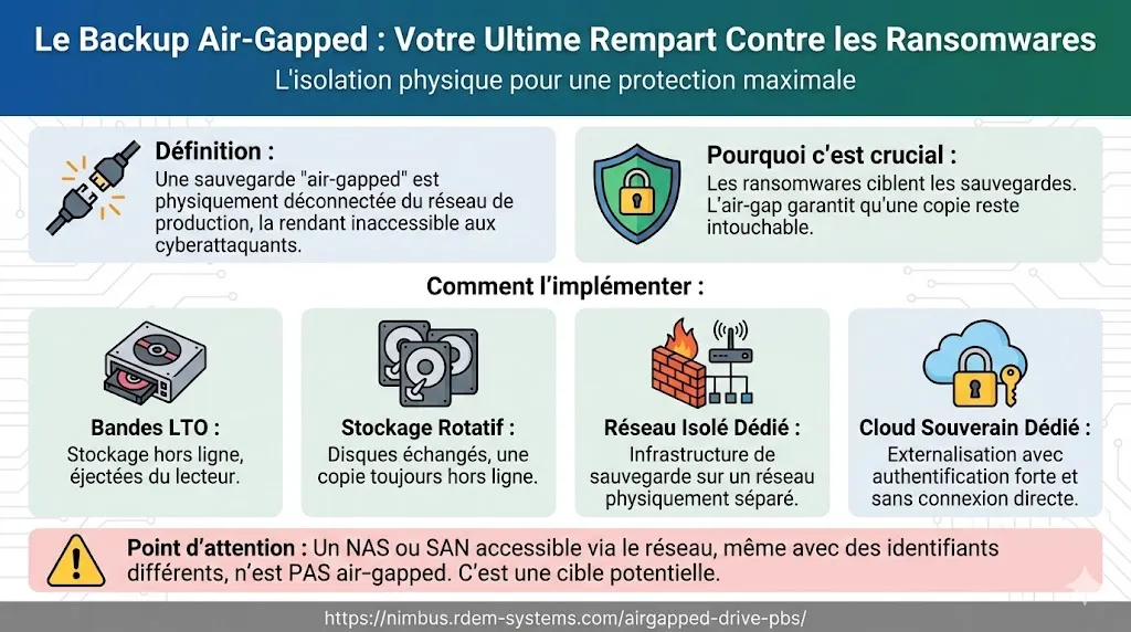 Le backup air-gapped expliqué : définition, pourquoi c'est crucial, et 4 méthodes d'implémentation (bandes LTO, stockage rotatif, réseau isolé, cloud souverain)