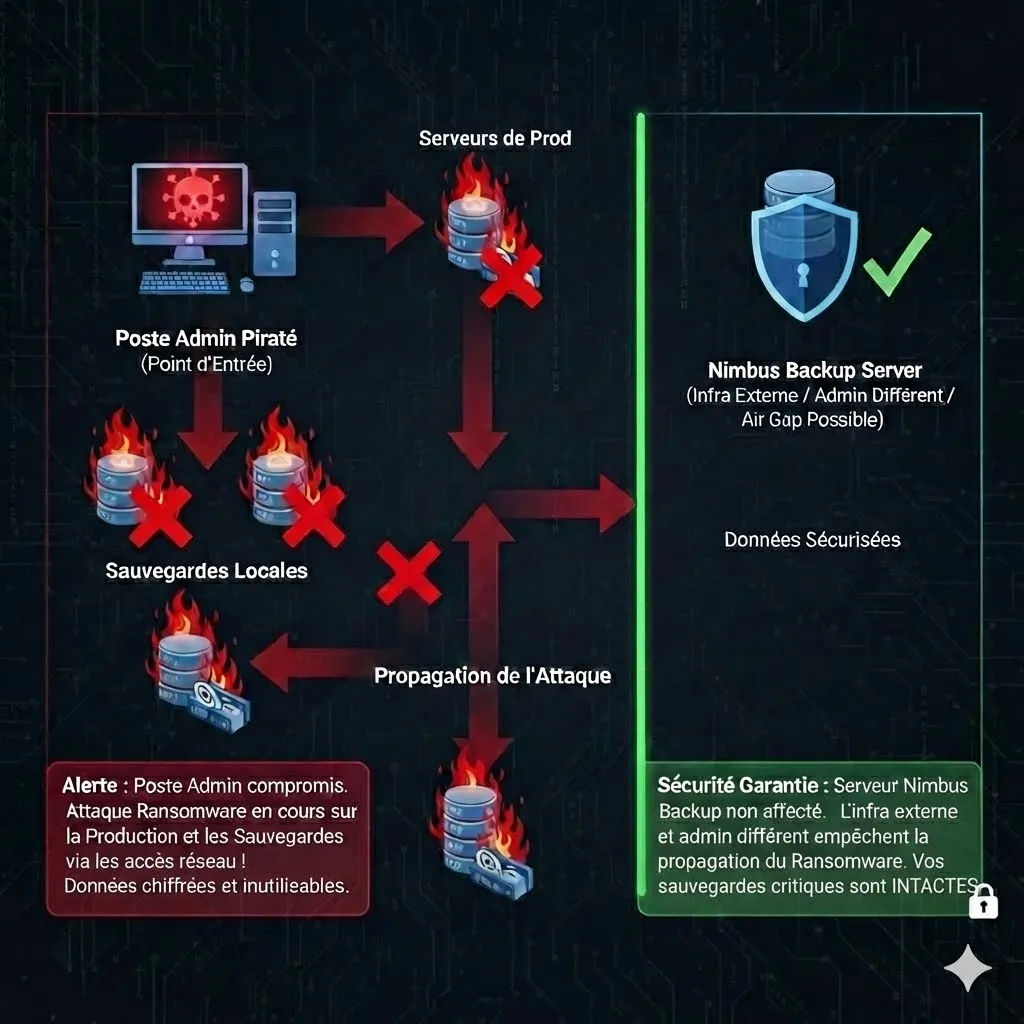 Schéma de propagation d'une attaque ransomware : le poste admin piraté compromet les serveurs de production et les sauvegardes locales, mais le serveur Nimbus Backup avec infra externe et admin différent reste intact