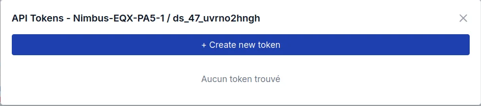 Modal de gestion des tokens API avec bouton Create new token