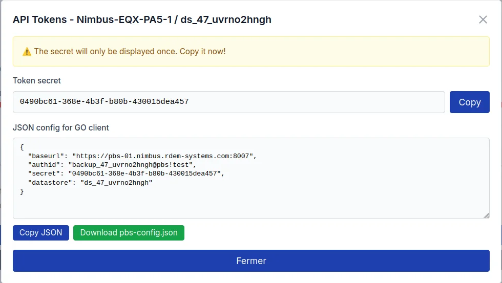 Écran affichant le token secret et la configuration JSON avec boutons Copy et Download