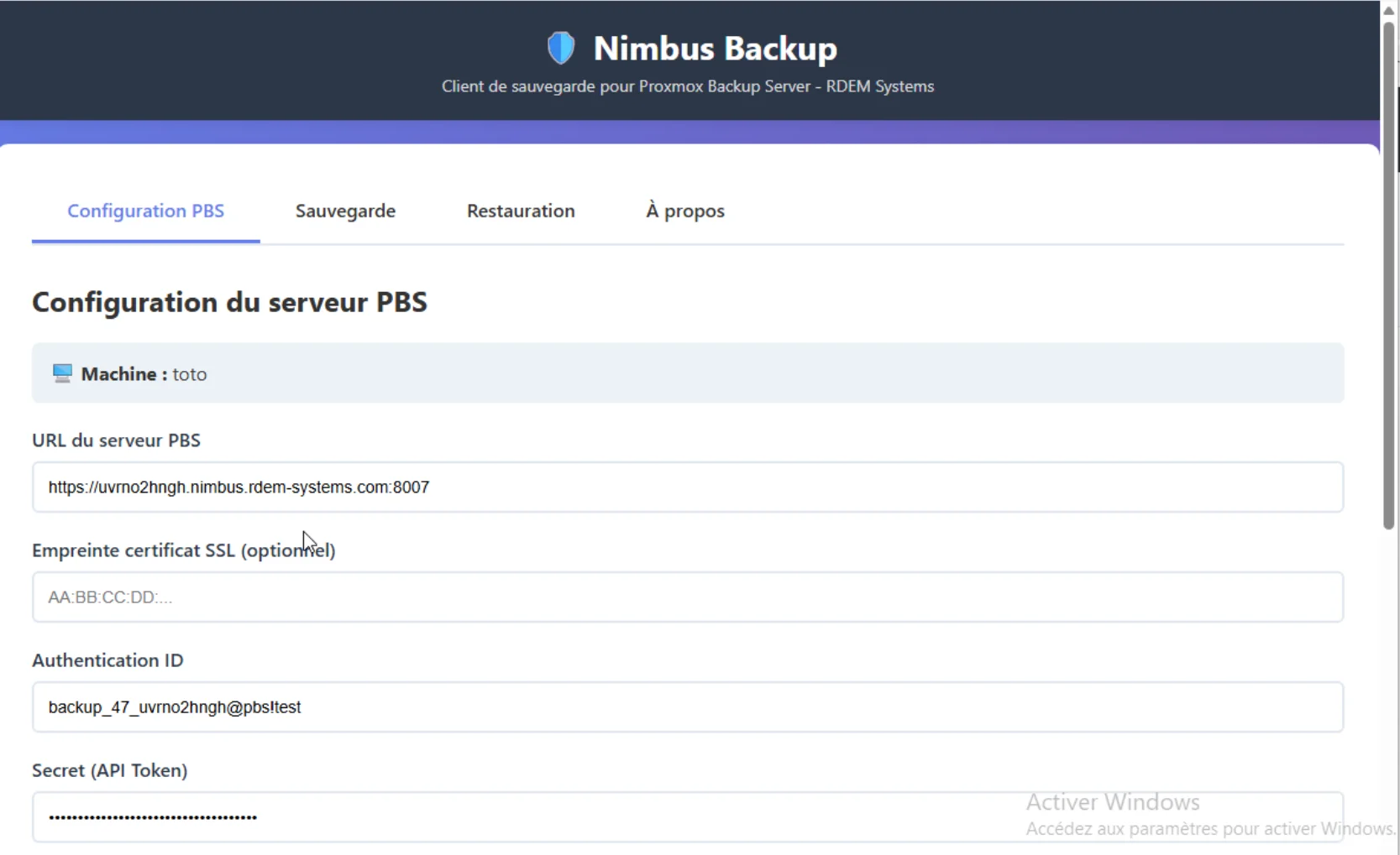 Configuration interface with URL, Auth ID, Secret fields