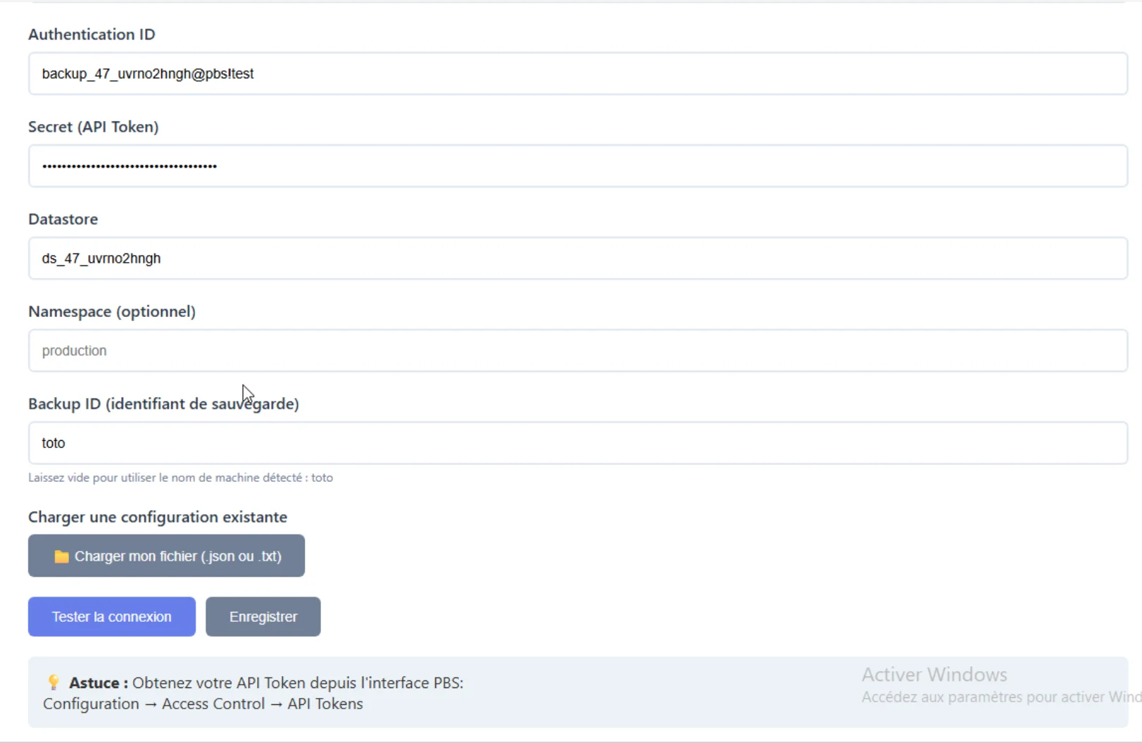 Complete configuration with tested connection