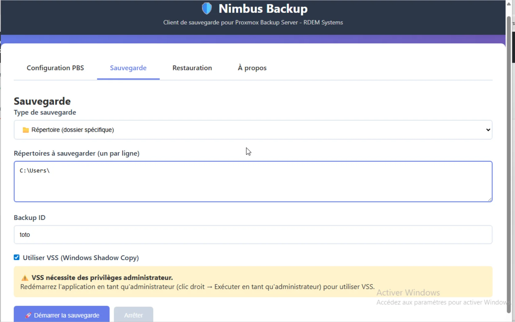 Backup interface with Start Backup button and options