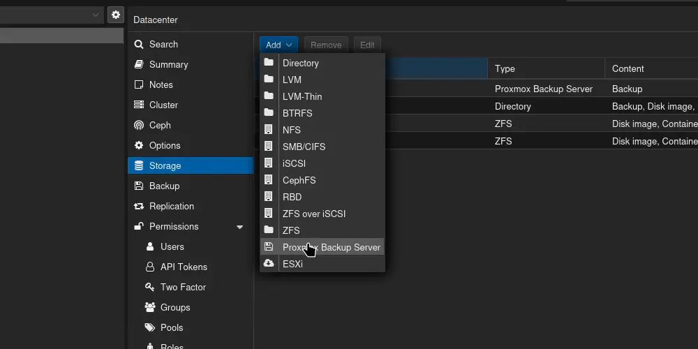 Interface PVE : menu Datacenter → Storage → Add montrant l'option Proxmox Backup Server