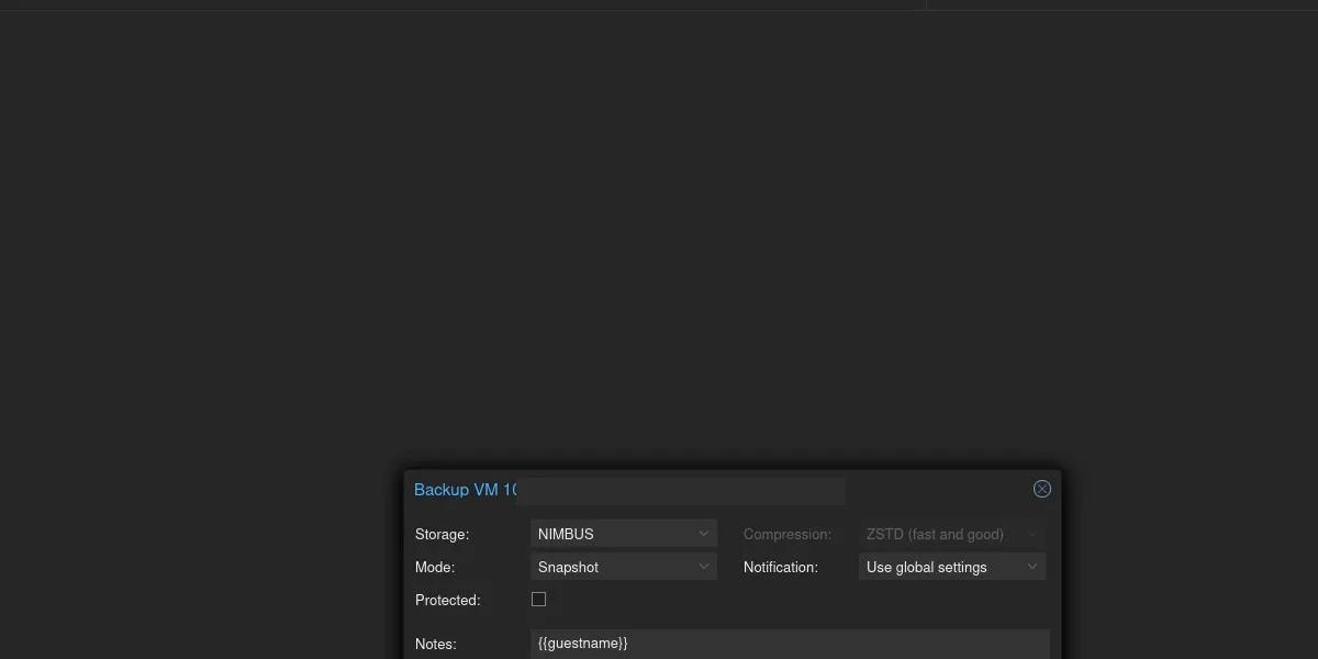 Dialogue Backup VM 100 : storage NIMBUS, mode Snapshot, compression ZSTD