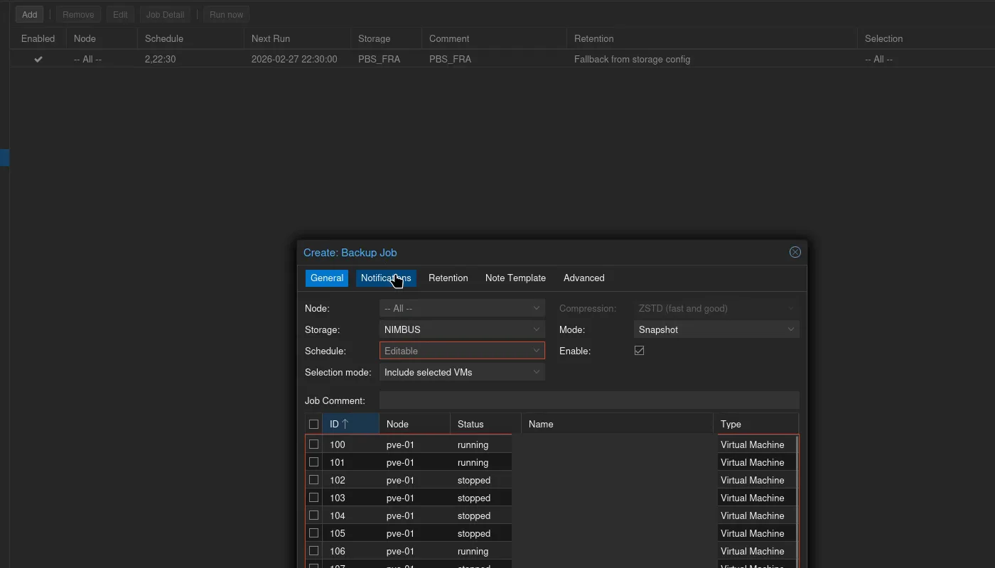 Dialogue Create: Backup Job dans PVE avec storage NIMBUS, mode Snapshot, compression ZSTD et liste des VMs