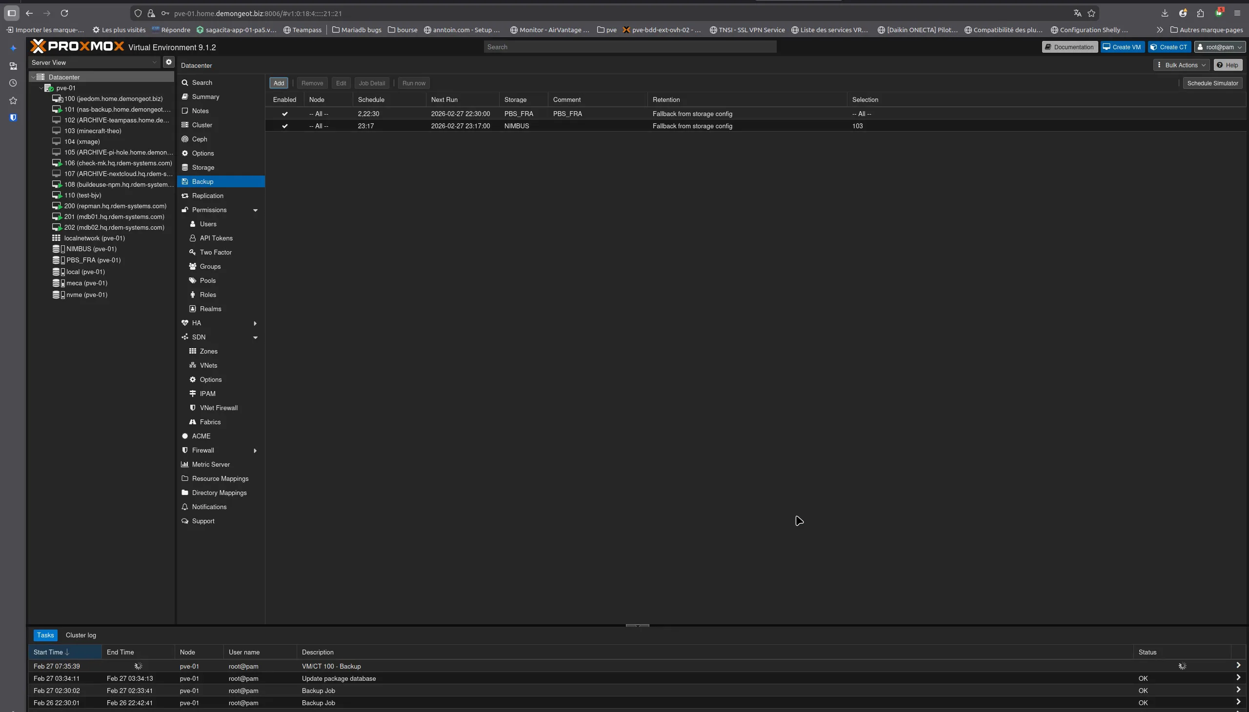 Vue Datacenter → Backup montrant les jobs de sauvegarde planifiés avec le storage NIMBUS