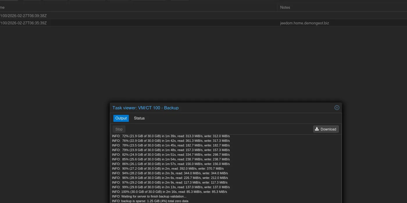 Backup terminé avec succès : 30 GiB en 2 min 16 s, vitesse de transfert ~300 MiB/s