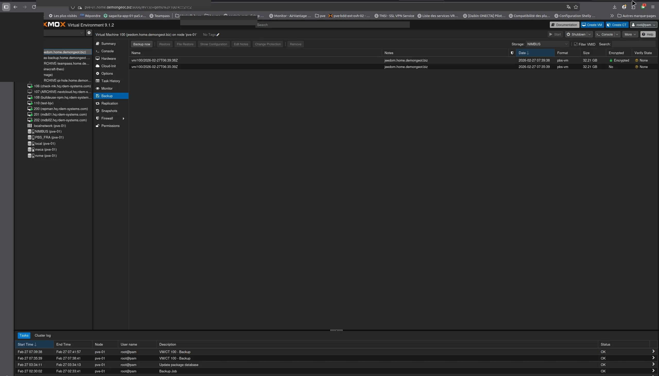 Vue Content du storage NIMBUS dans PVE montrant les backups disponibles avec boutons Restore et File Restore