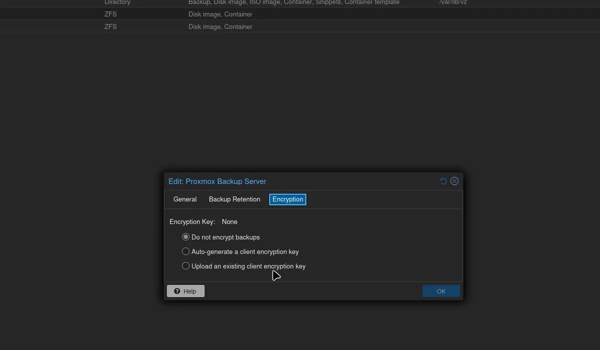 Onglet Encryption du storage PBS dans PVE : options Do not encrypt, Auto-generate key, Upload existing key