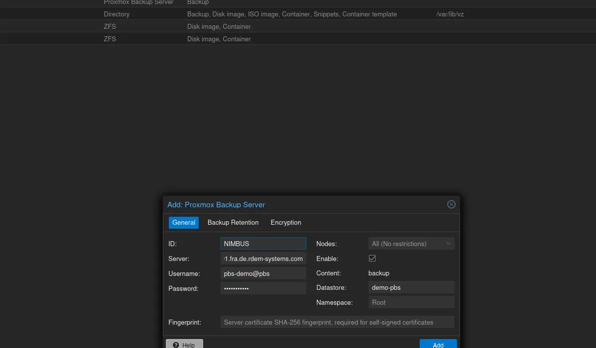 Formulaire Add: Proxmox Backup Server rempli avec ID, Server, Username, Password, Datastore et Fingerprint