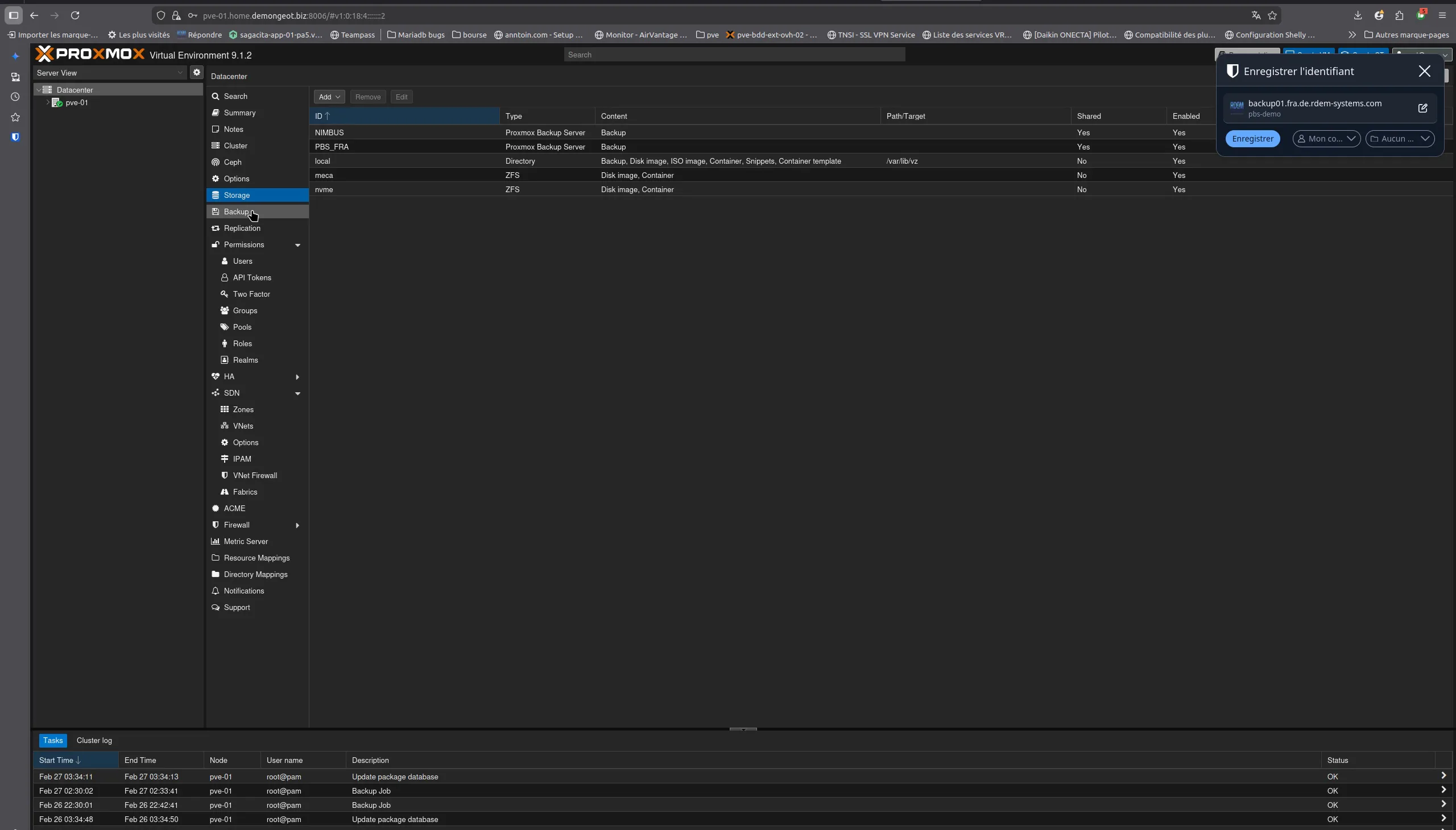 Liste des storages Proxmox VE 9.1.2 montrant le storage NIMBUS de type Proxmox Backup Server ajouté avec succès
