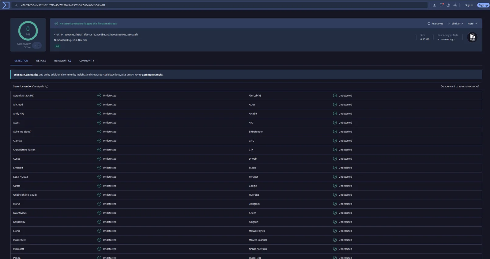 Analyse VirusTotal de l'installeur NimbusBackup — 0 moteur antivirus ne le détecte comme malveillant